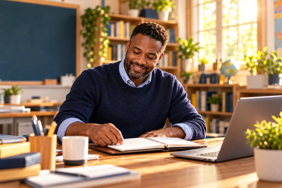 Illustration of a teacher reviewing a planner and preparing his next steps.