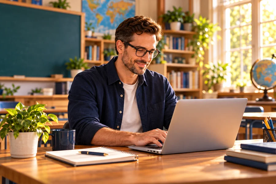 Illustration of a teacher developing an offer on a laptop in a warm classroom.